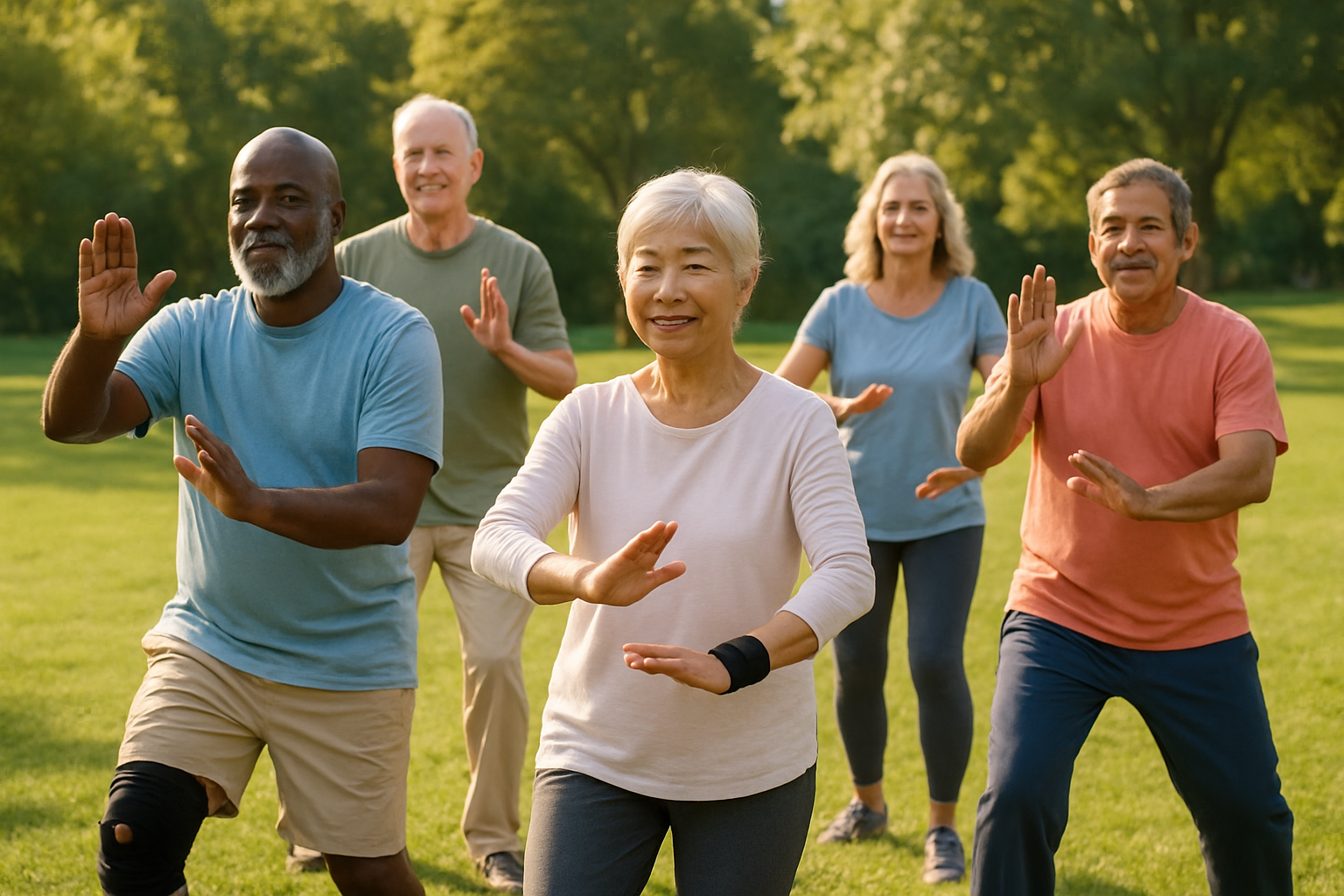 Group of older adults practicing tai chi in a park for arthritis and balance