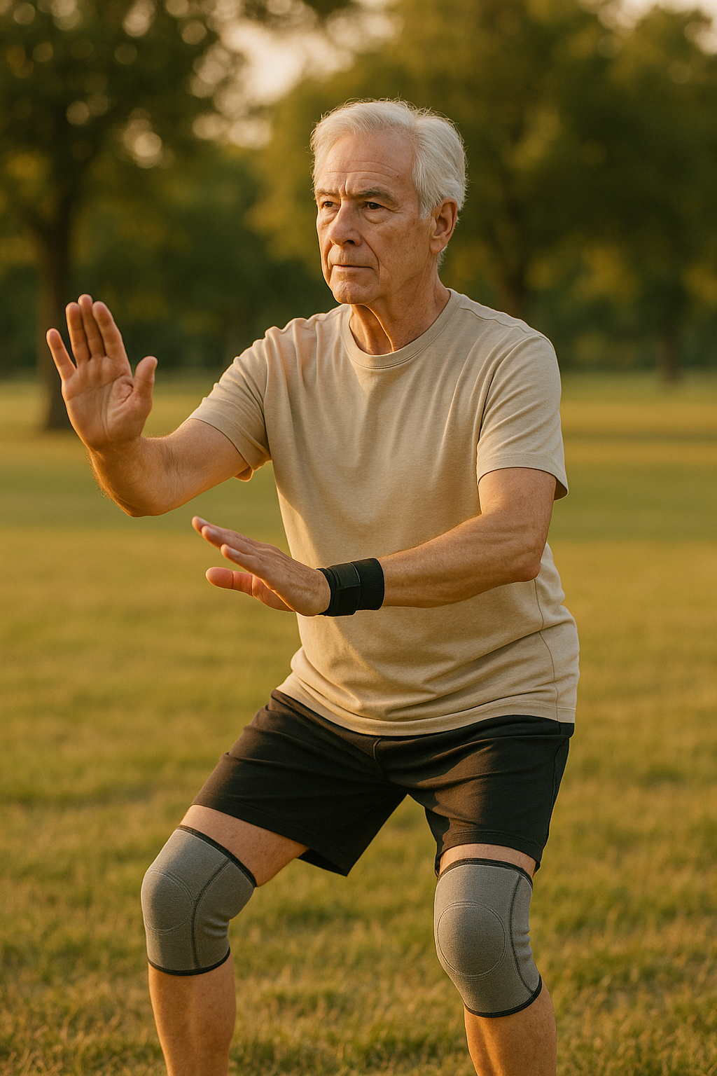Close-up of hands and knees during tai chi showing arthritis support gear
