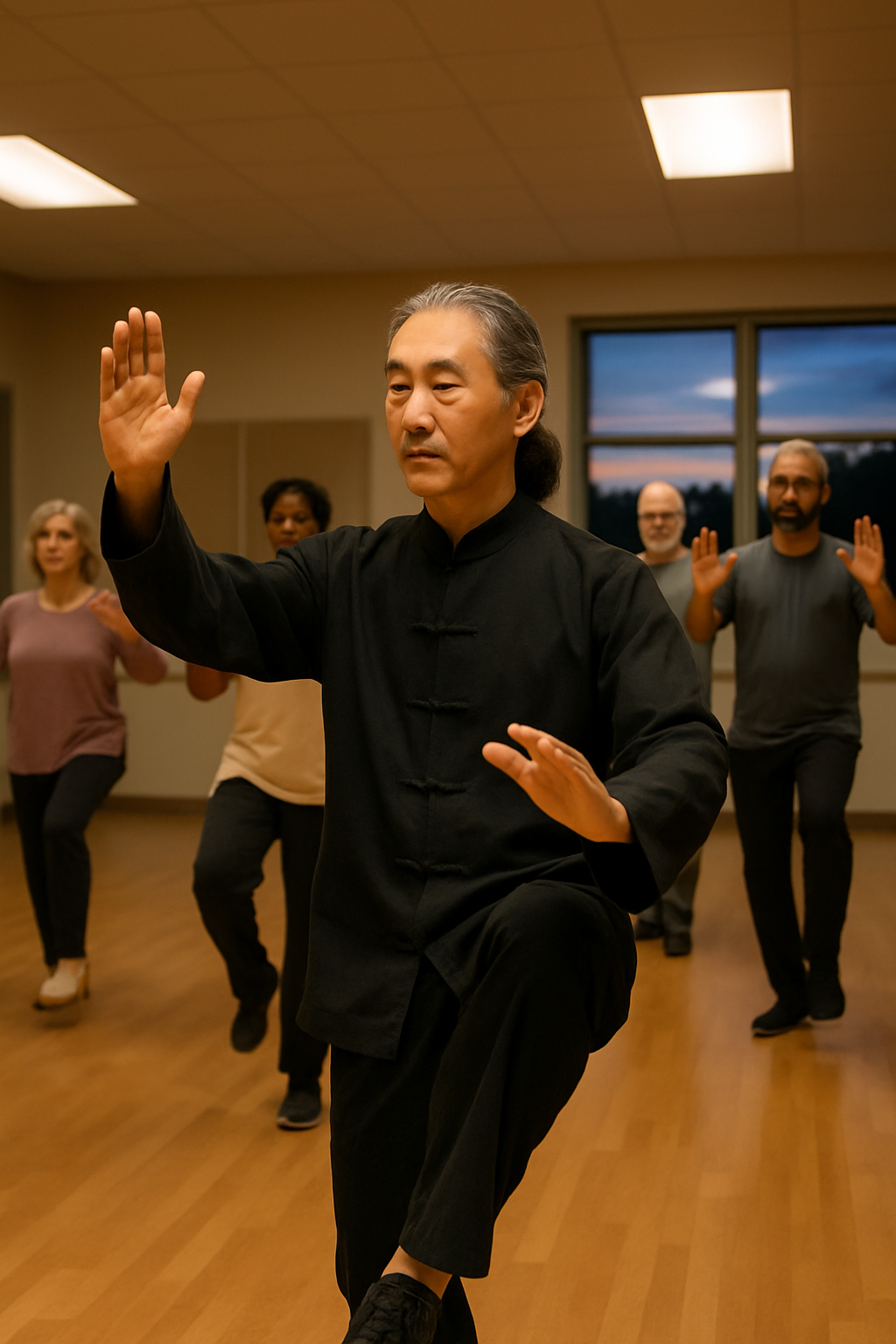 Tai chi instructor leading balance practice in a community center class