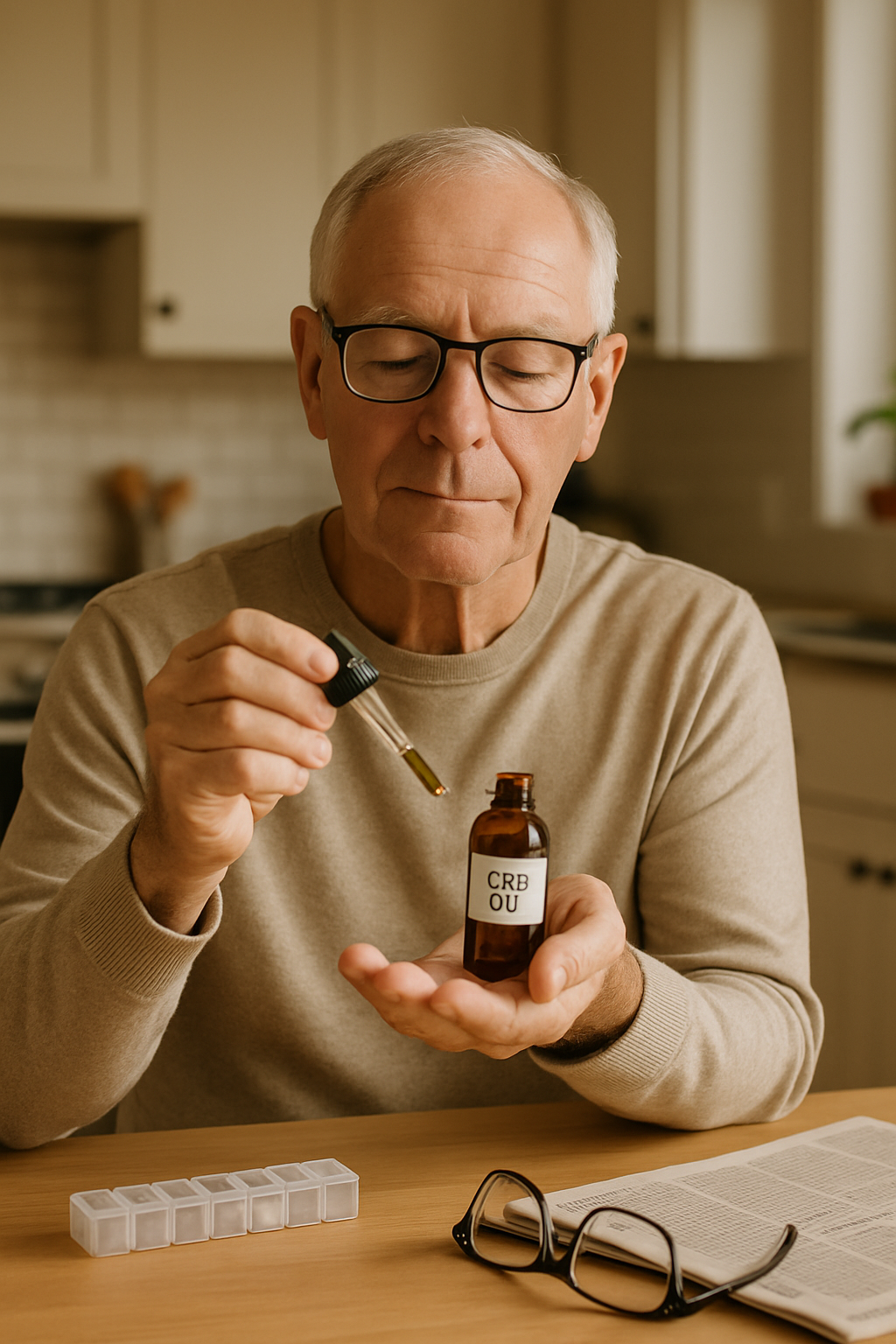Senior hand with CBD oil dropper at kitchen table, pill organizer, newspaper.