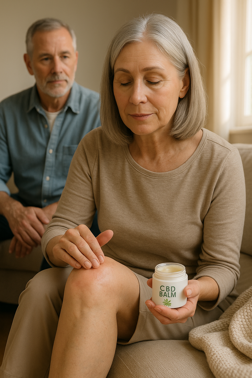Older woman using CBD balm on knee, sunny living room, partner in background.