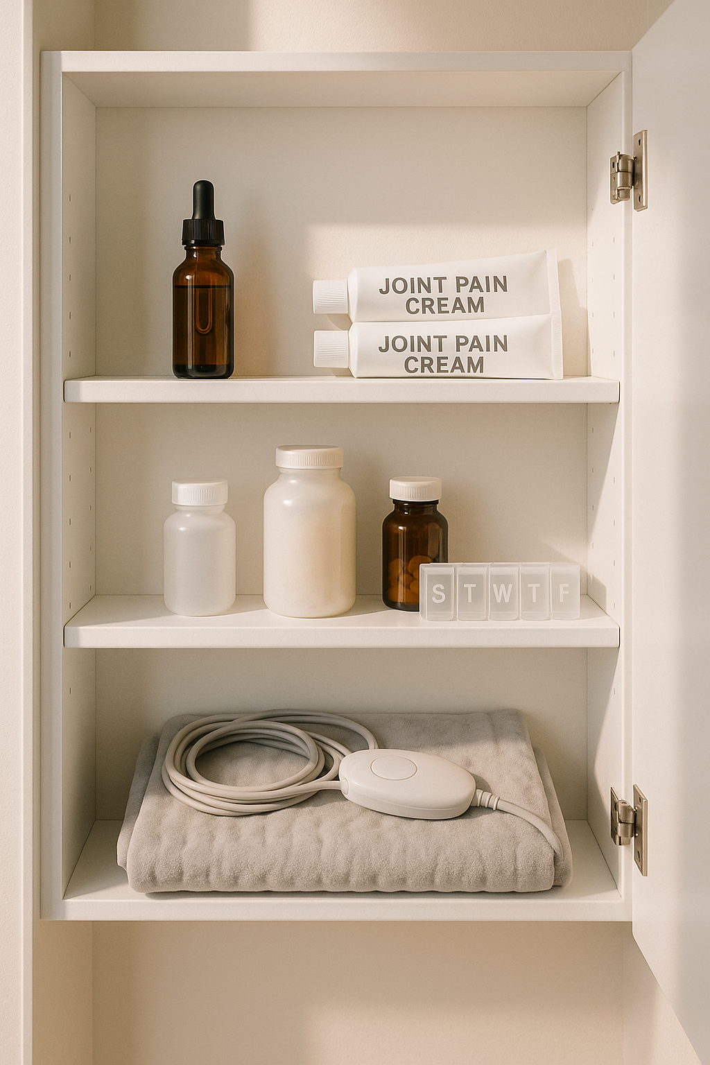 Medicine cabinet with CBD oil, pain creams, supplements, heating pad organized.