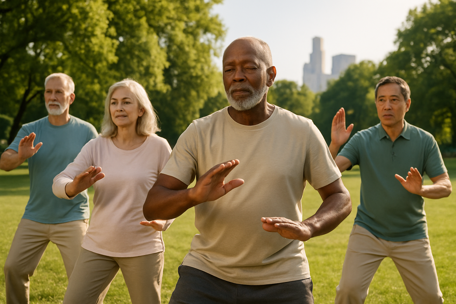 Older adults practicing tai chi for arthritis and balance in a city park