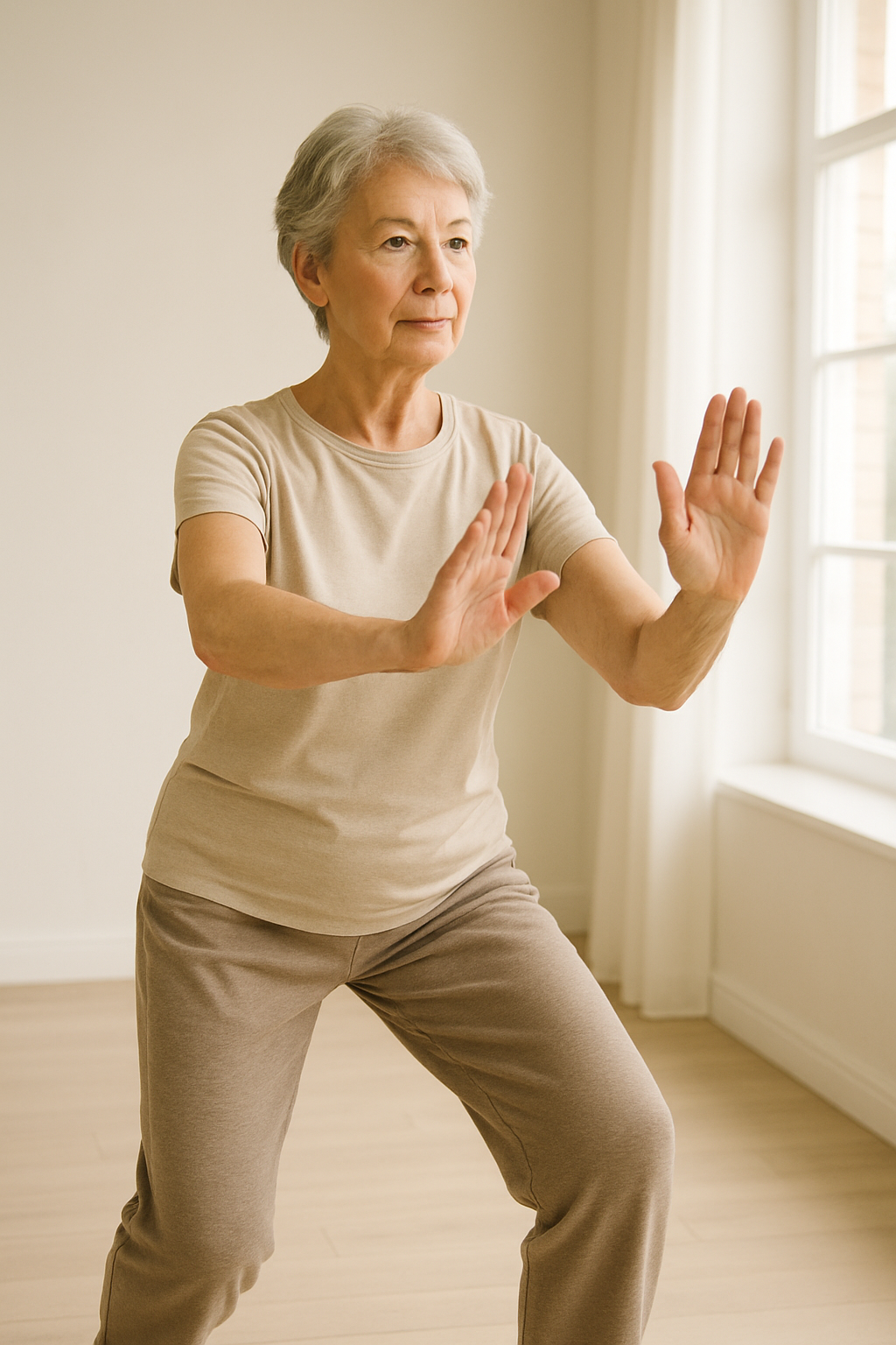 Senior woman's hands and knees demonstrating tai chi exercise for joint health