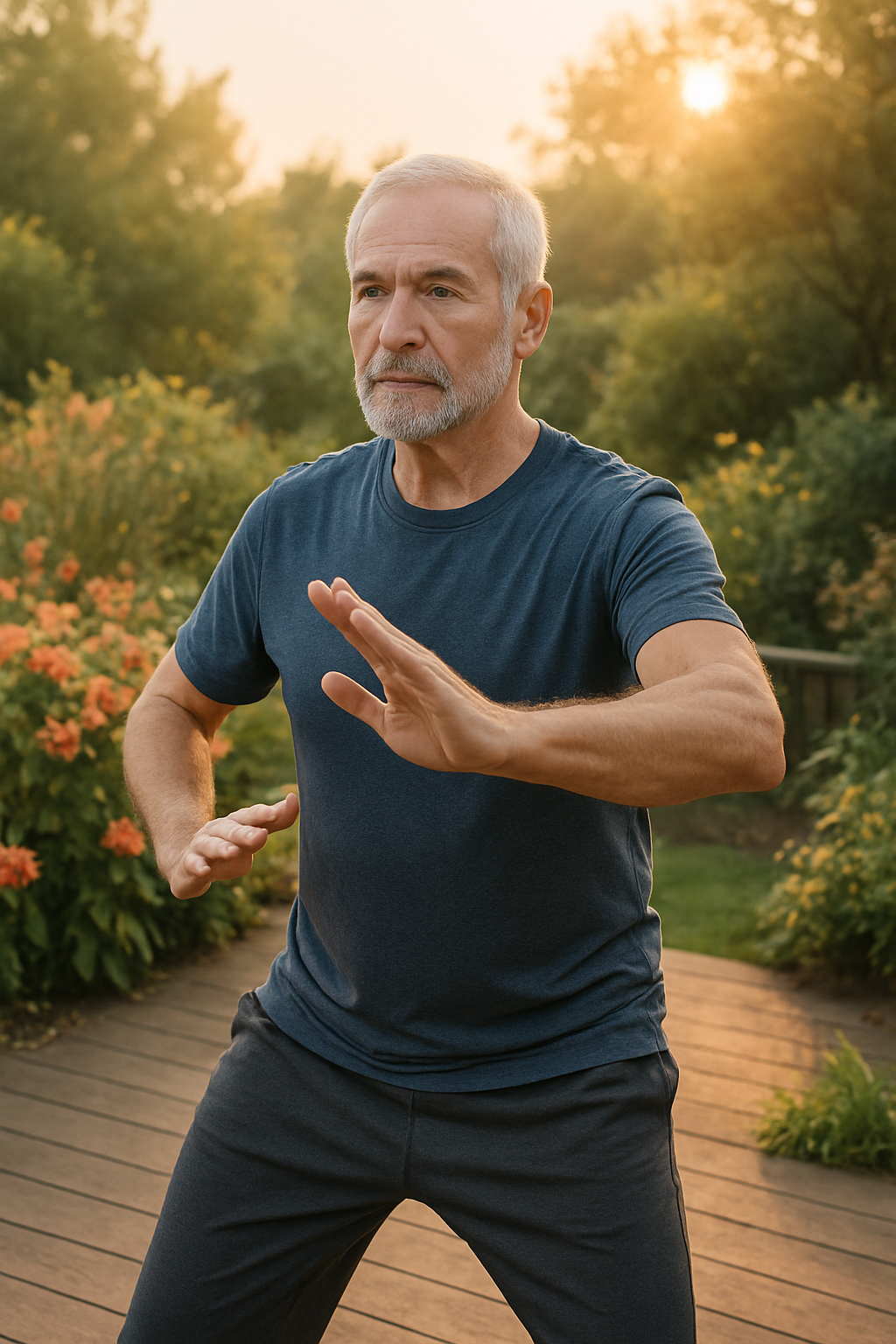 Older man practicing tai chi at home for arthritis and balance