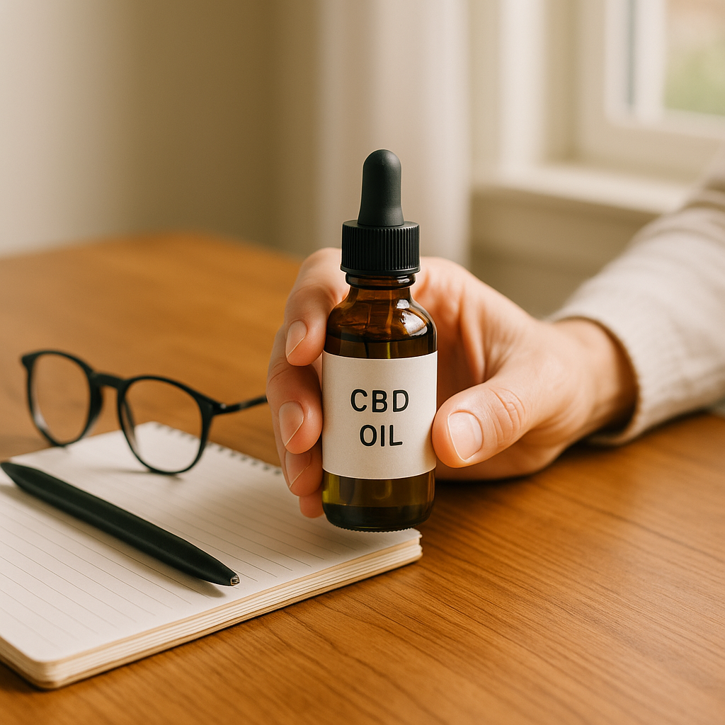 Hand holding CBD oil bottle on table for joint pain
