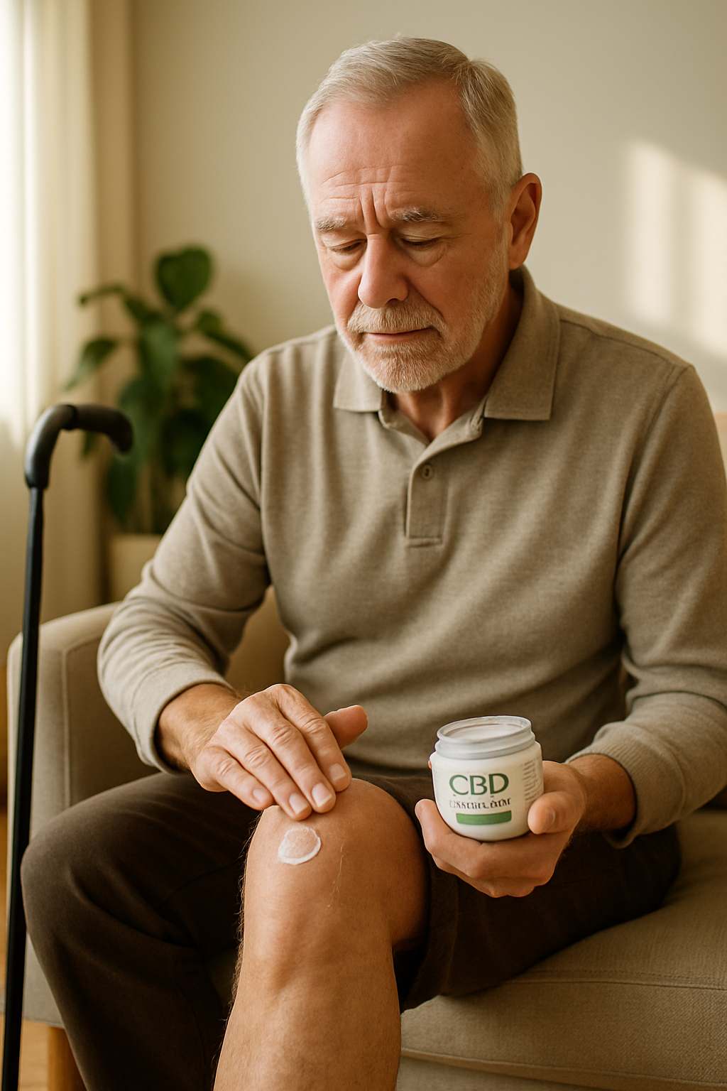 Older adult applying CBD cream for knee pain relief