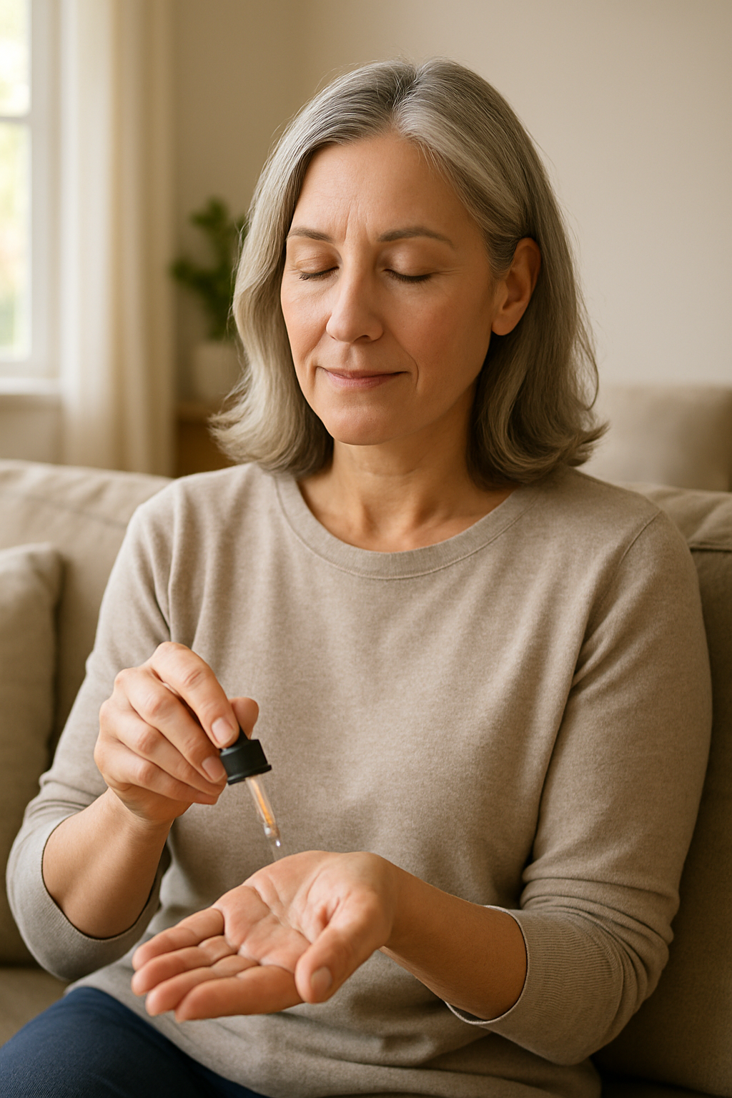 Middle-aged woman applying CBD oil to hands for joint pain relief.