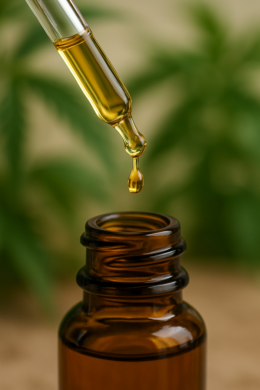 CBD oil dropper and tincture bottle with green plant background.