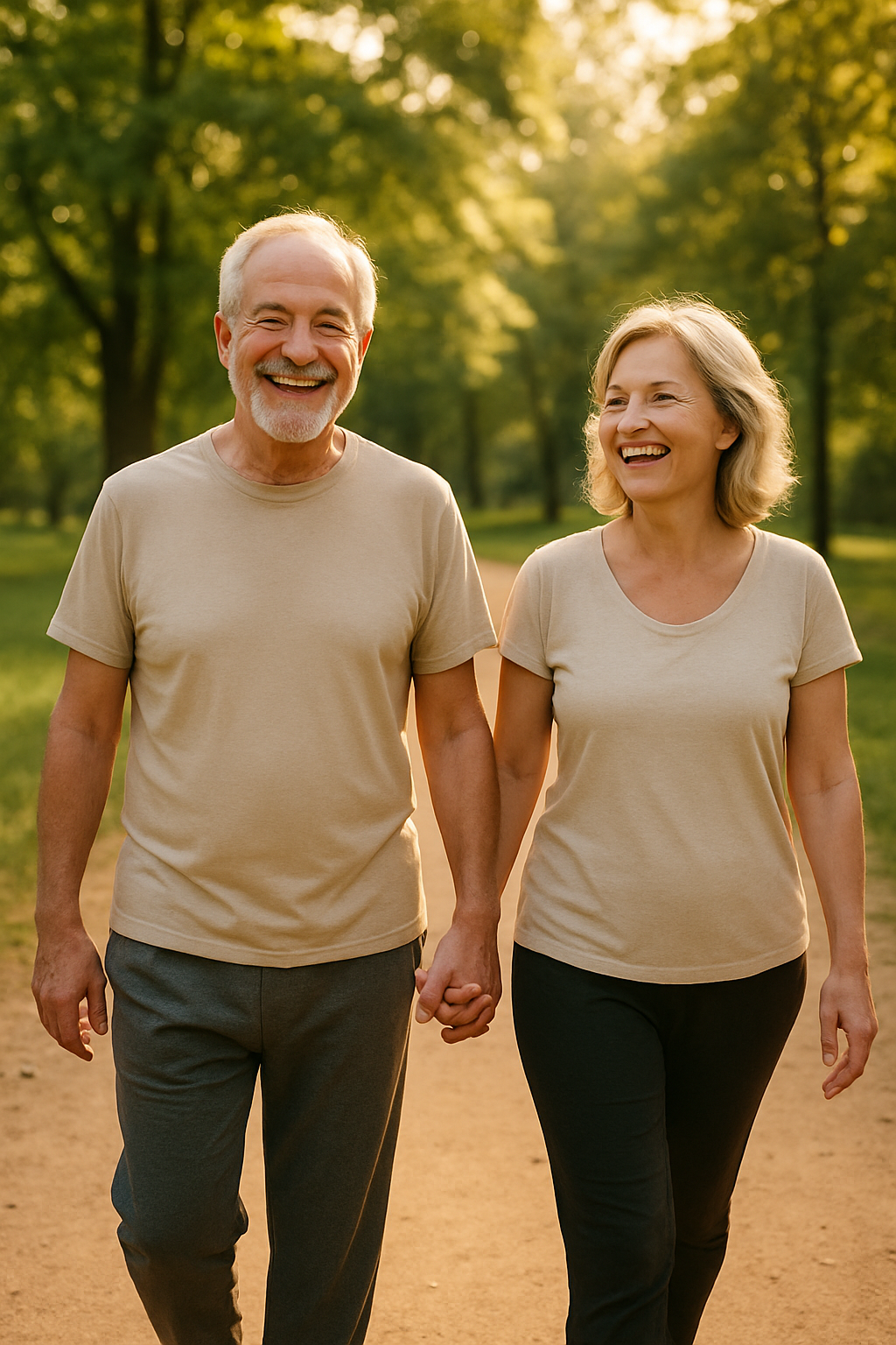 Senior couple walking in park, smiling, showing improved joint mobility.