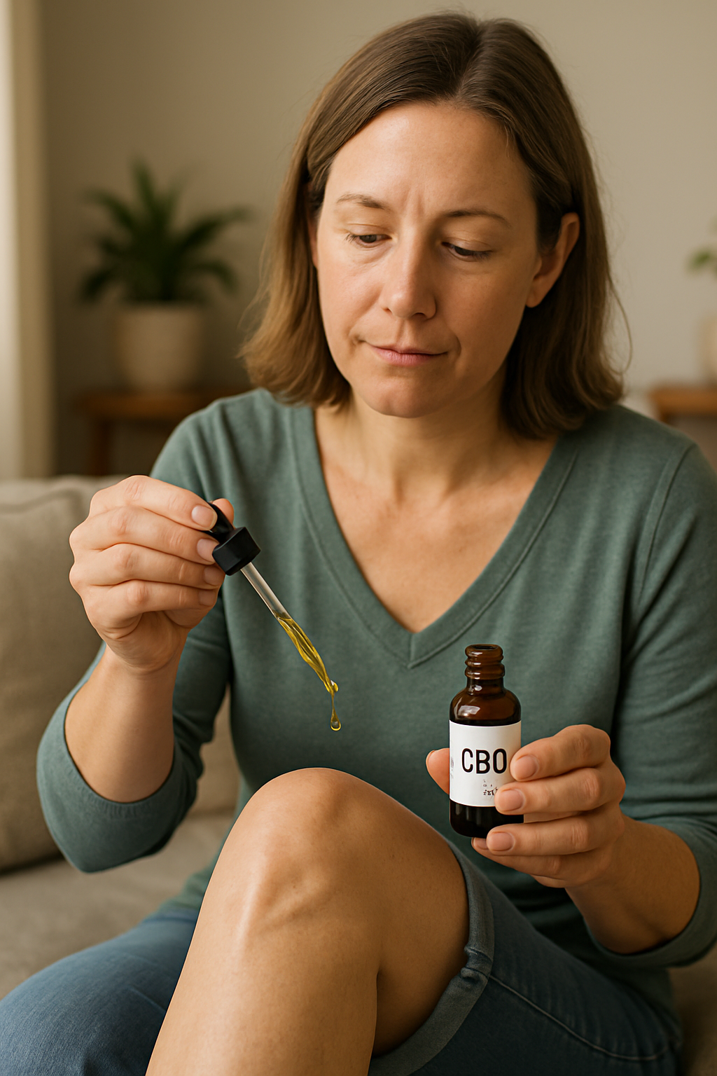 Applying CBD oil to knee for joint pain relief at home.