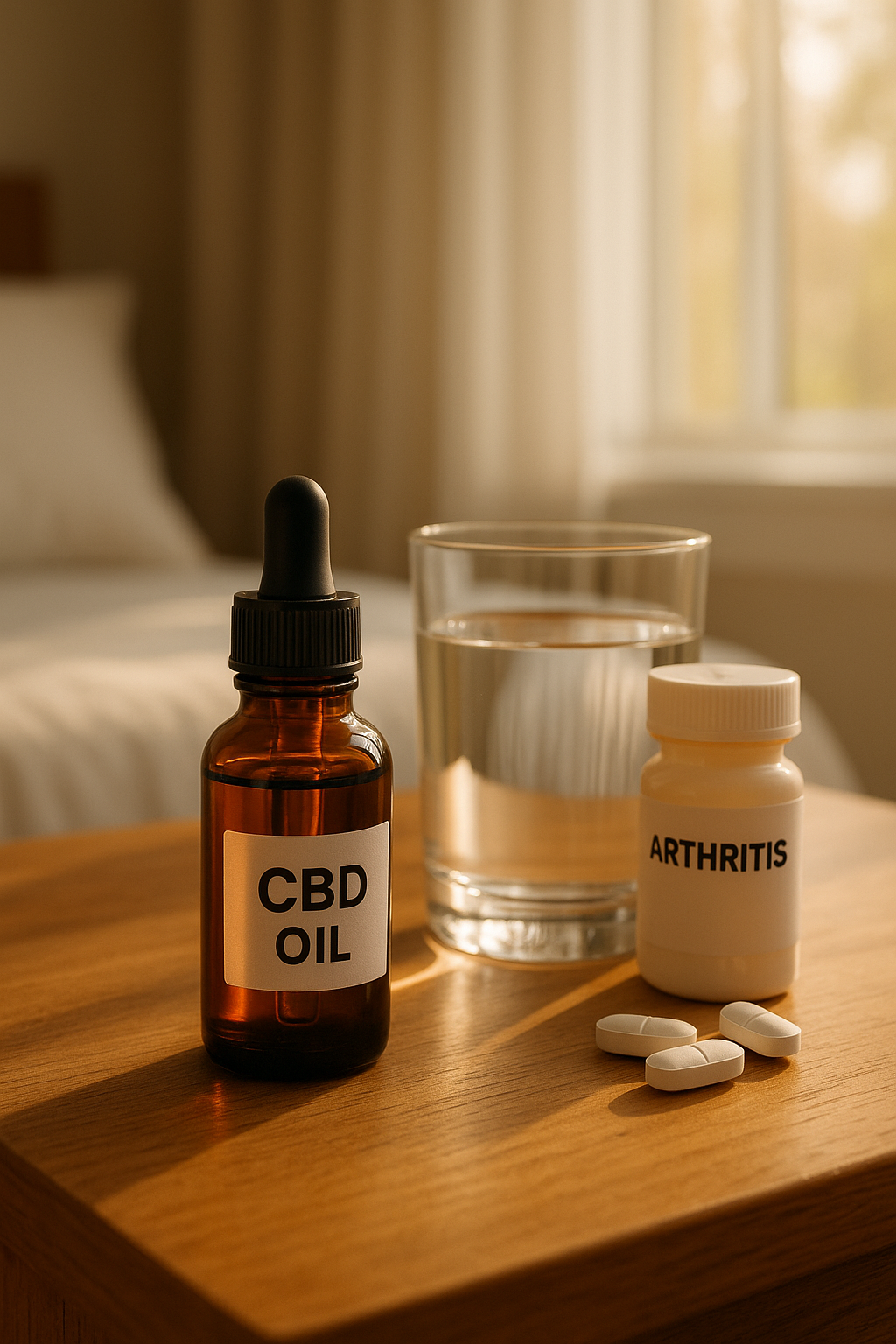 CBD oil bottle with medicine and water on bedside table for pain relief.