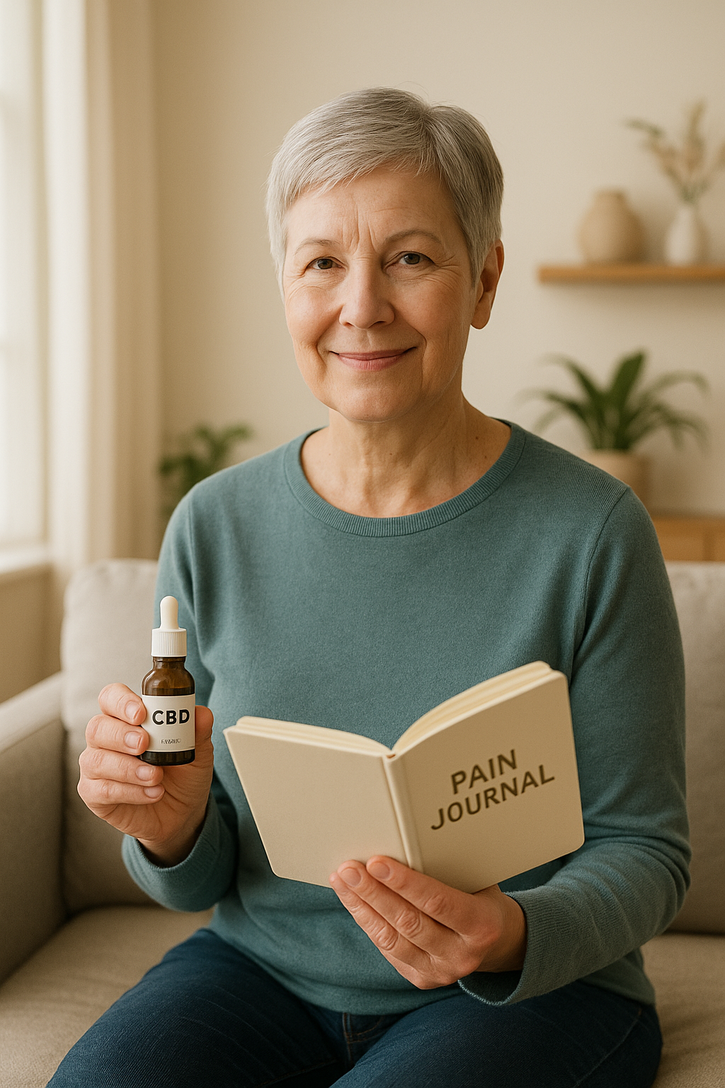 Senior woman holding CBD oil and pain journal, smiling about joint pain relief.
