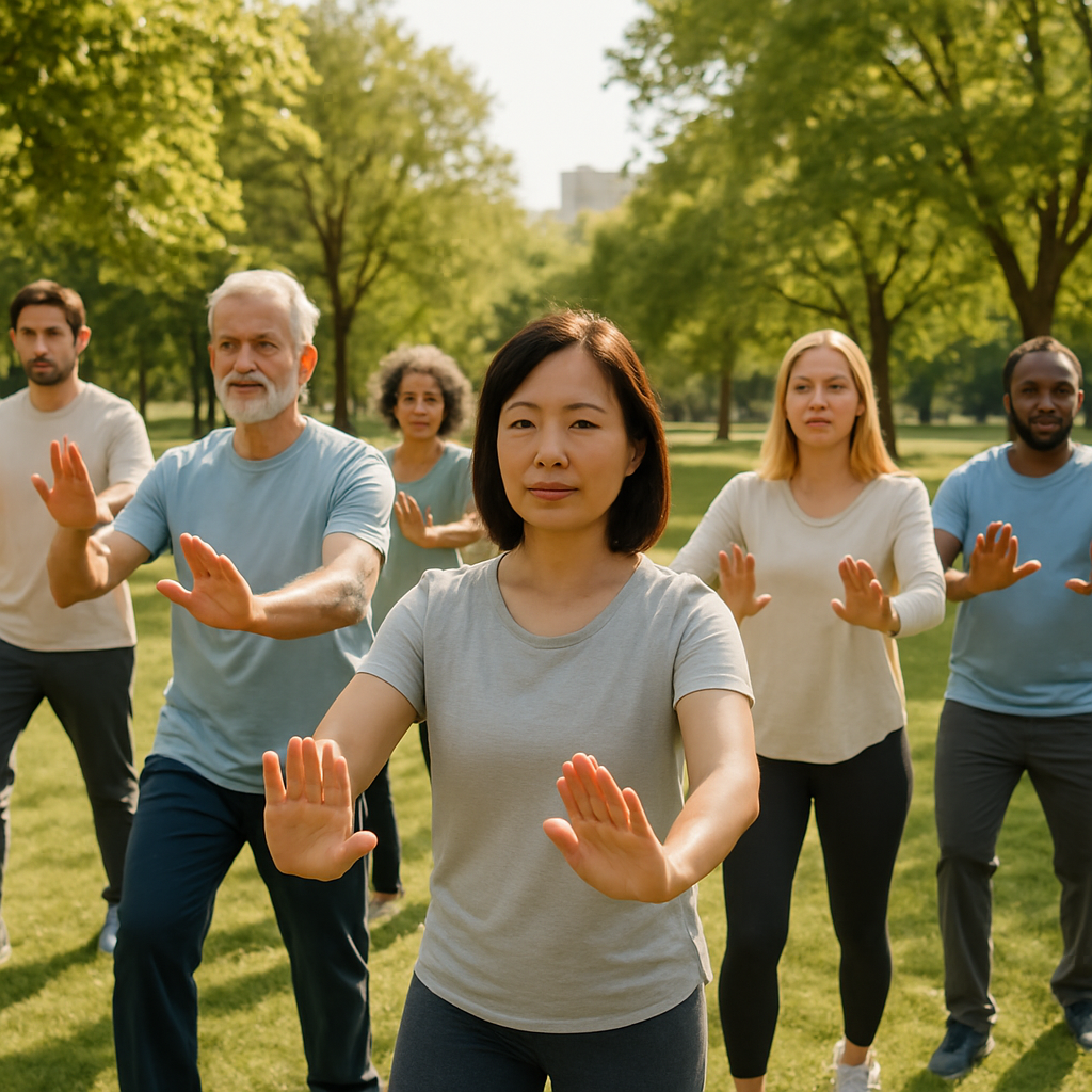 Tai chi class in city park, outdoor arthritis and balance exercise