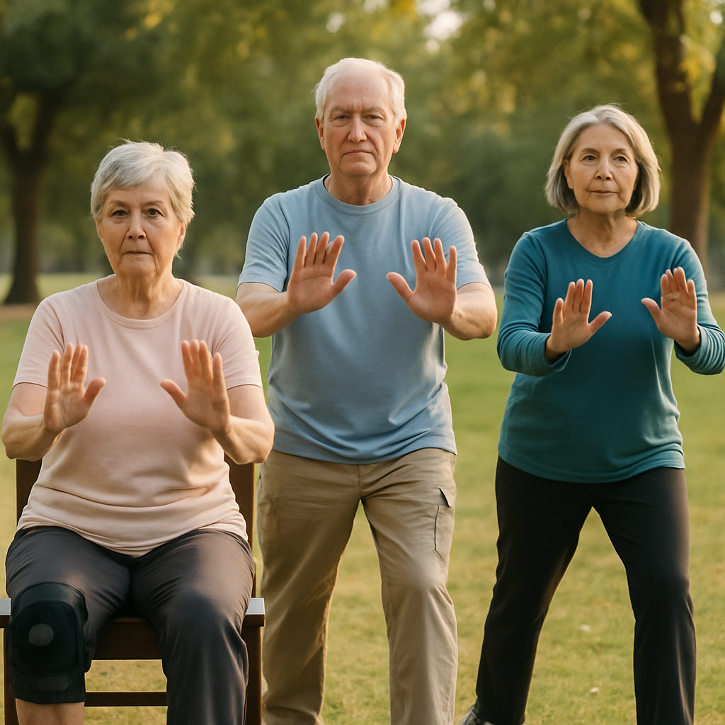 Older adults with knee brace doing tai chi outside for arthritis and balance