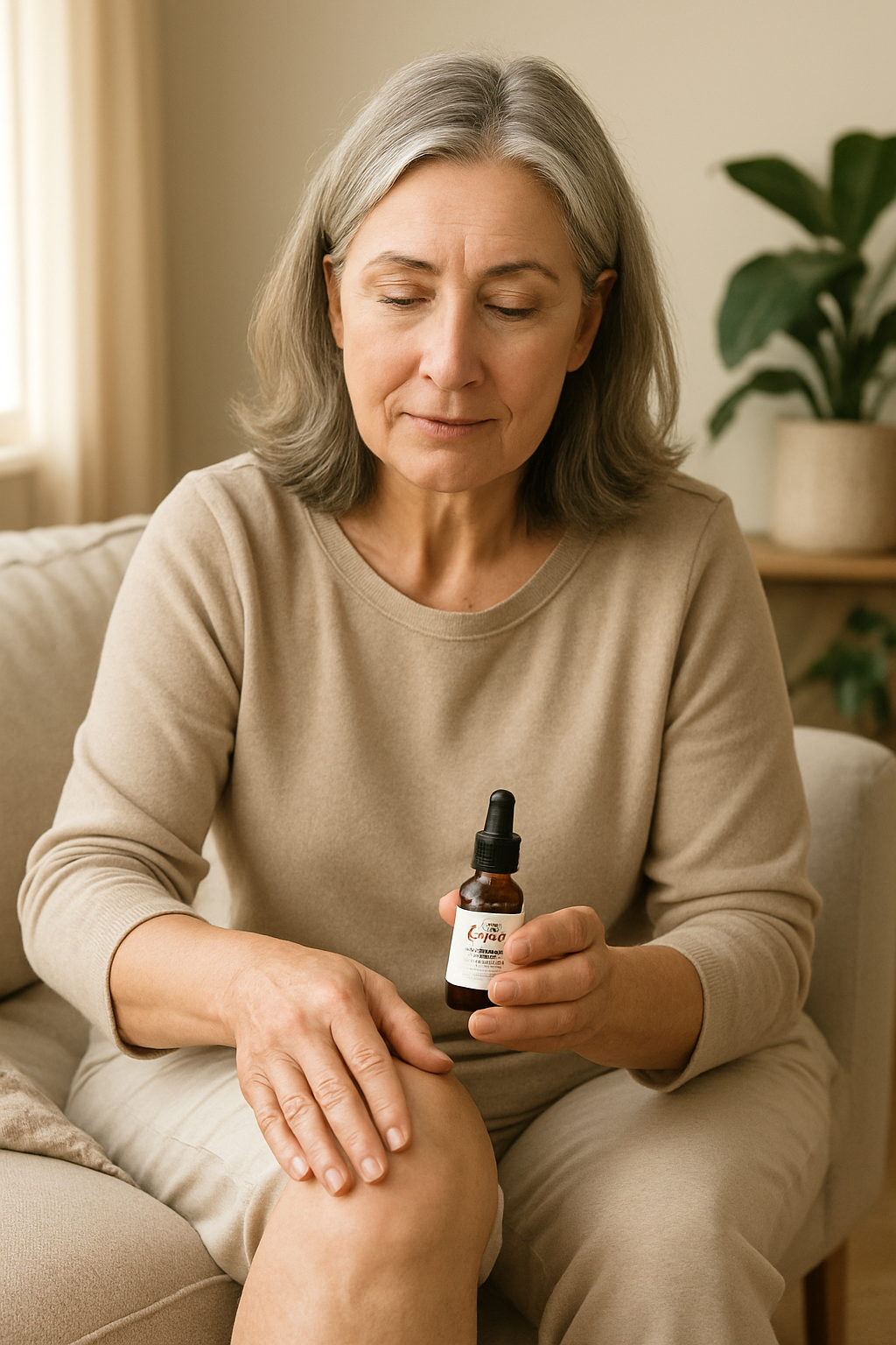 Woman applying CBD oil to her knee for joint pain in sunlit living room