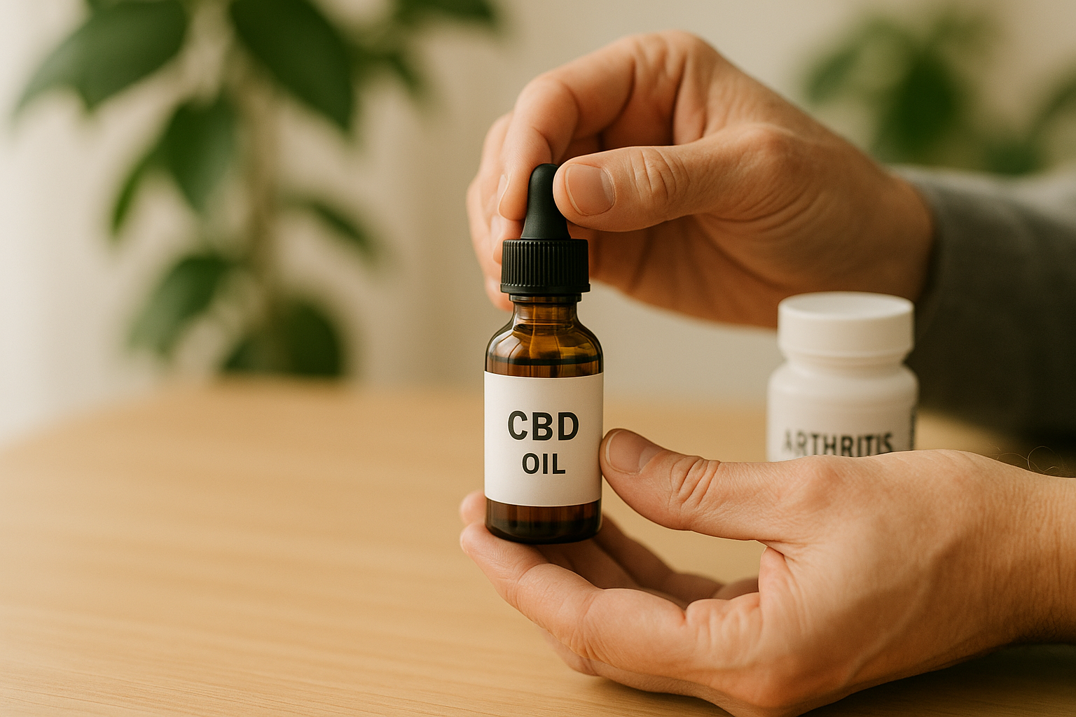 Hands holding CBD oil dropper with arthritis medicine background