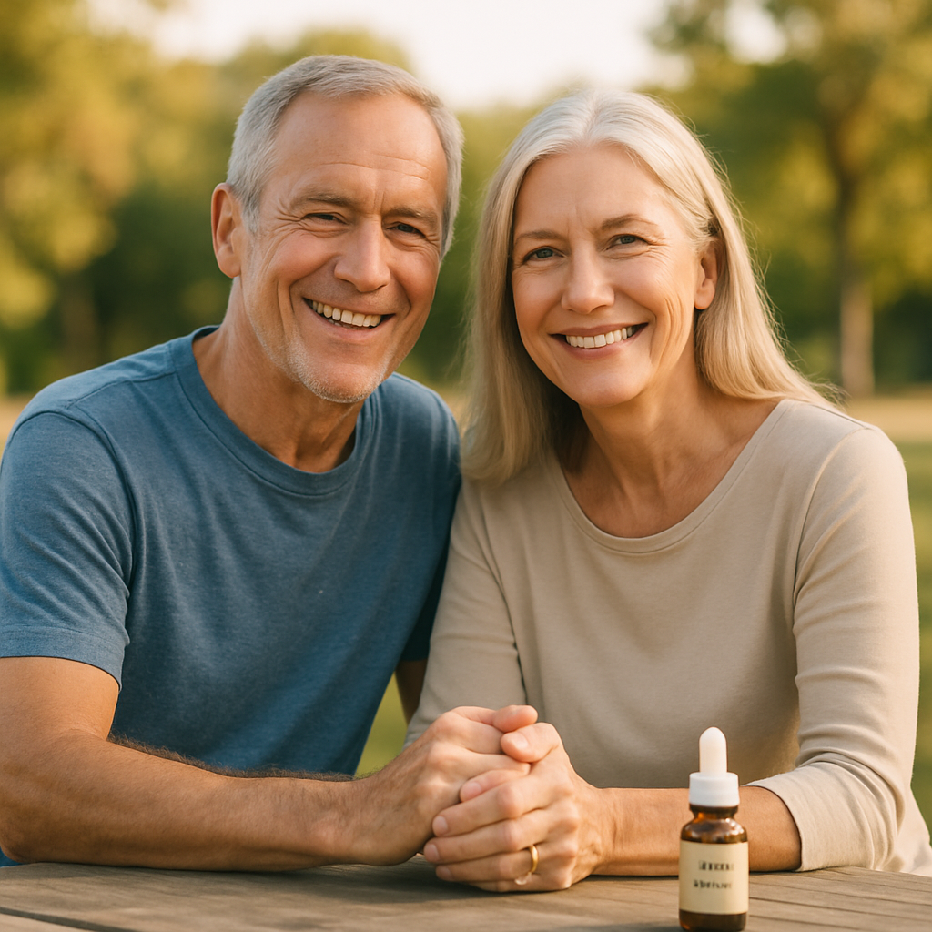 Older couple smiling outdoors with CBD oil bottle on table