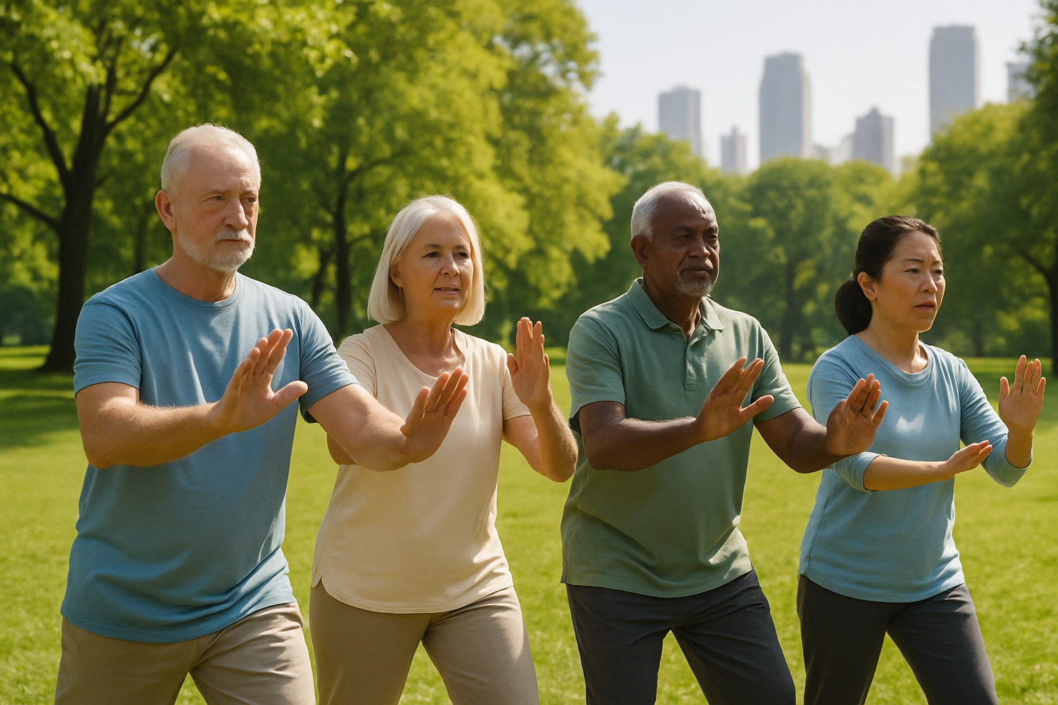 Tai chi class for arthritis and balance in a city park.