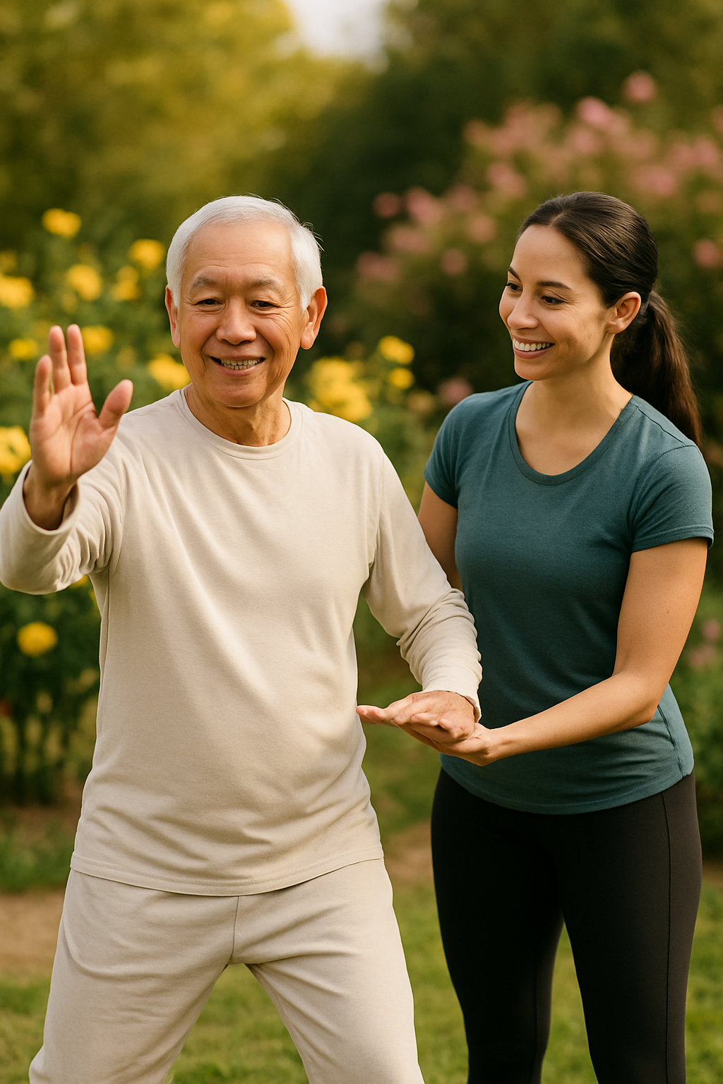 Senior practicing tai chi for balance with instructor in garden.