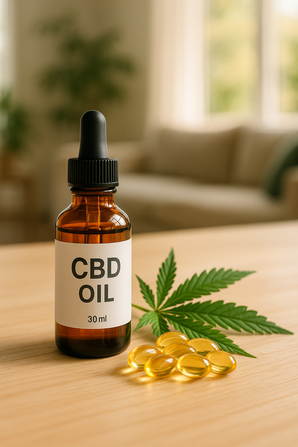 CBD oil bottle and capsules for joint pain and inflammation