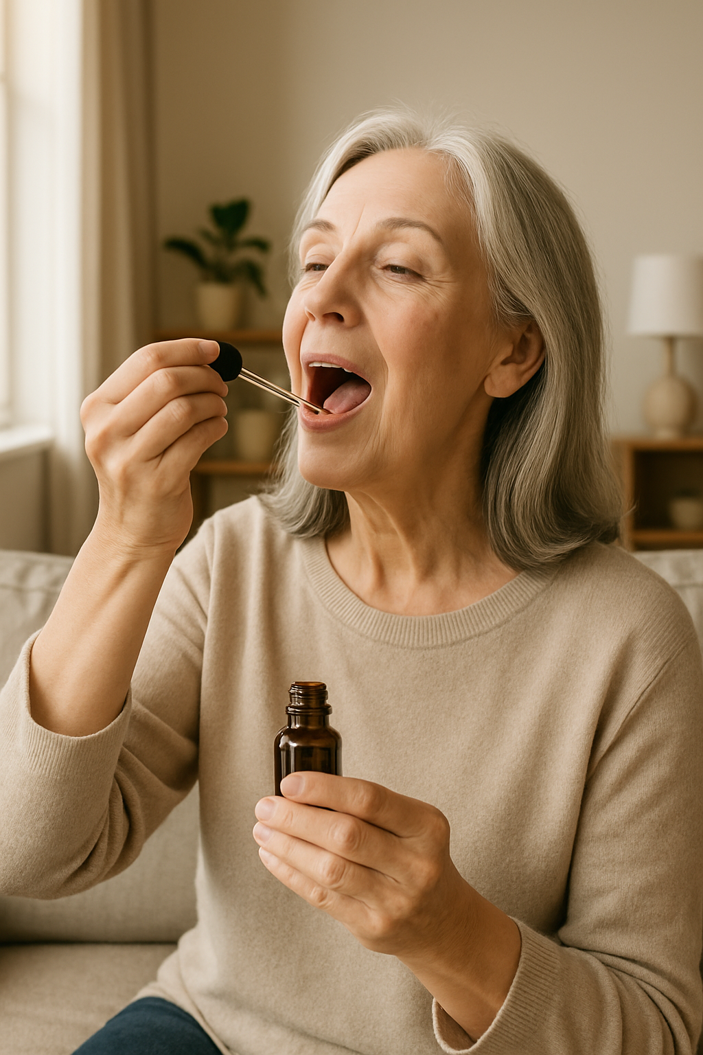 Senior woman taking CBD oil for joint pain