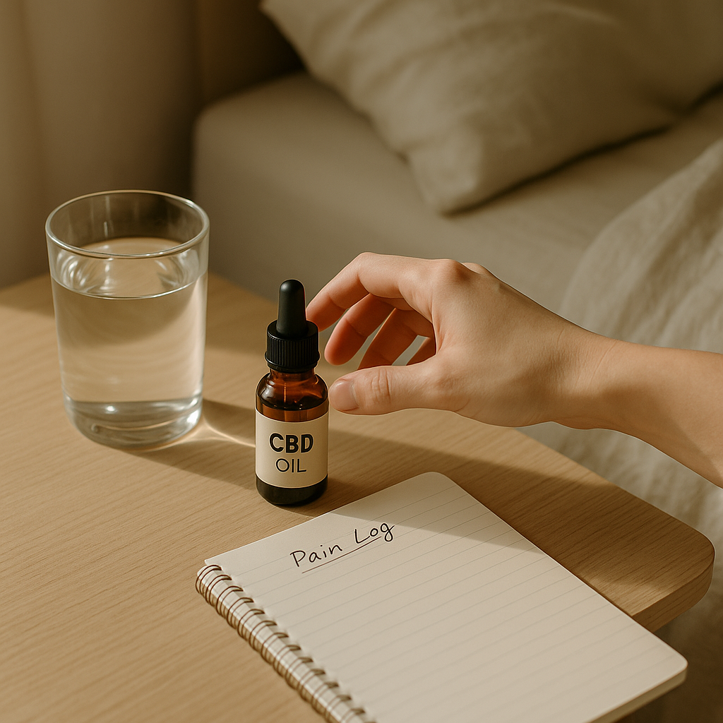 CBD oil on bedside table for joint pain tracking