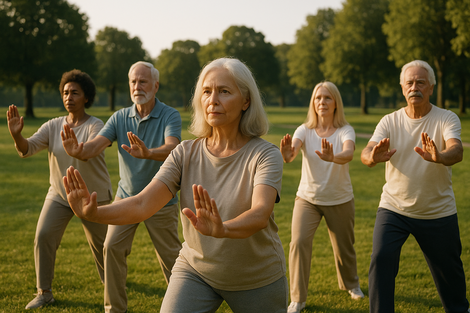 Older adults practicing tai chi in a park for arthritis and balance