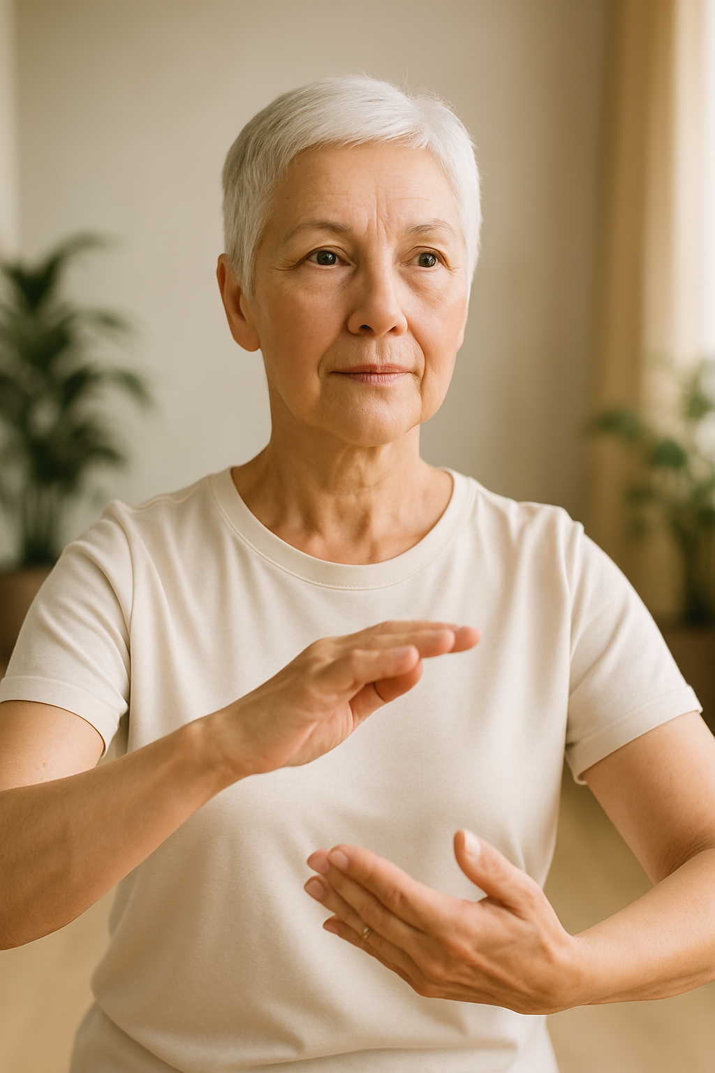 Elderly woman's hands showing graceful tai chi movement for arthritis