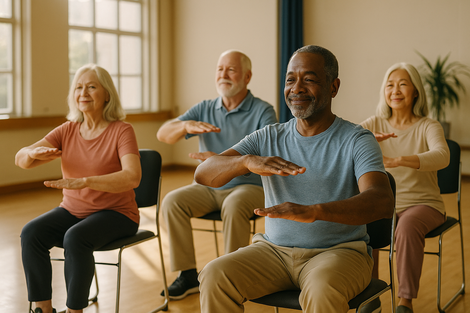 Seniors doing seated tai chi in a community center for balance support