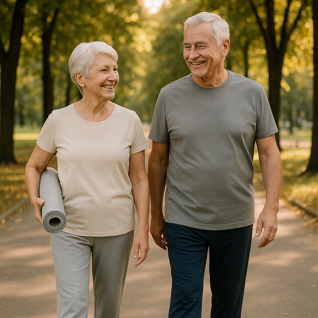Smiling senior couple walking in park on a path, dressed for exercise
