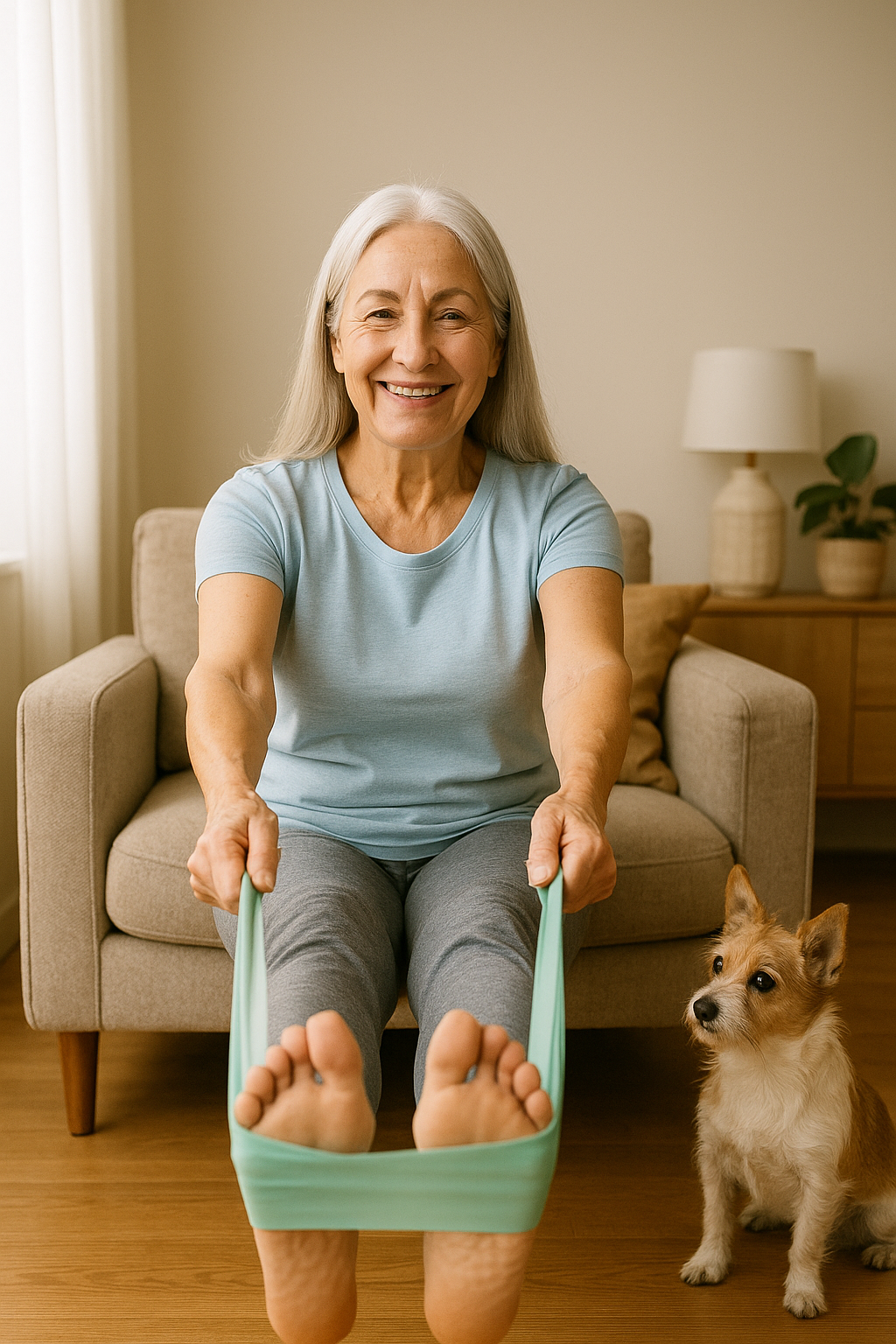 Senior woman stretching with resistance band at home, dog nearby