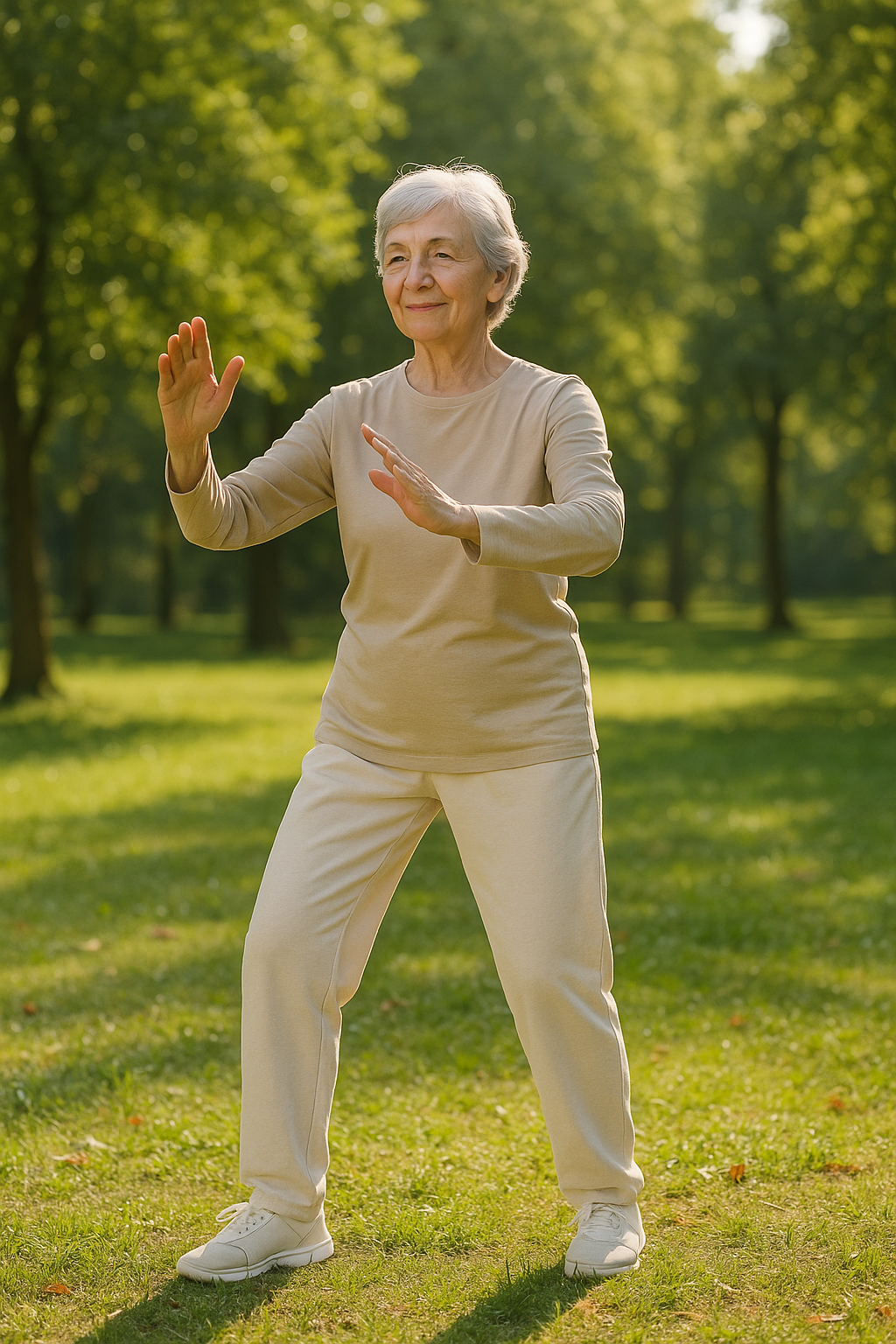 Older woman practicing tai chi in a sunny park for arthritis and balance