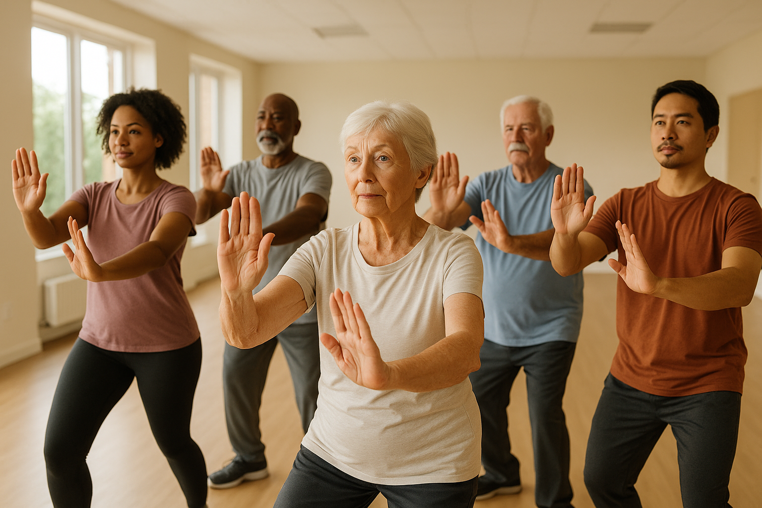 Group of seniors and adults practicing tai chi together for balance