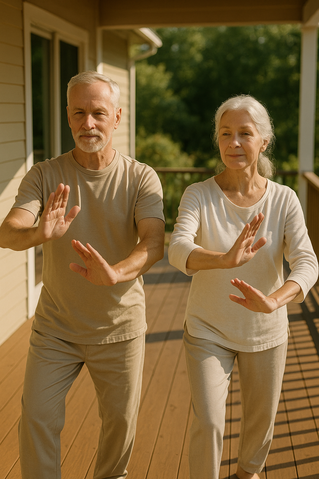 Elderly couple doing tai chi on their porch to improve mobility