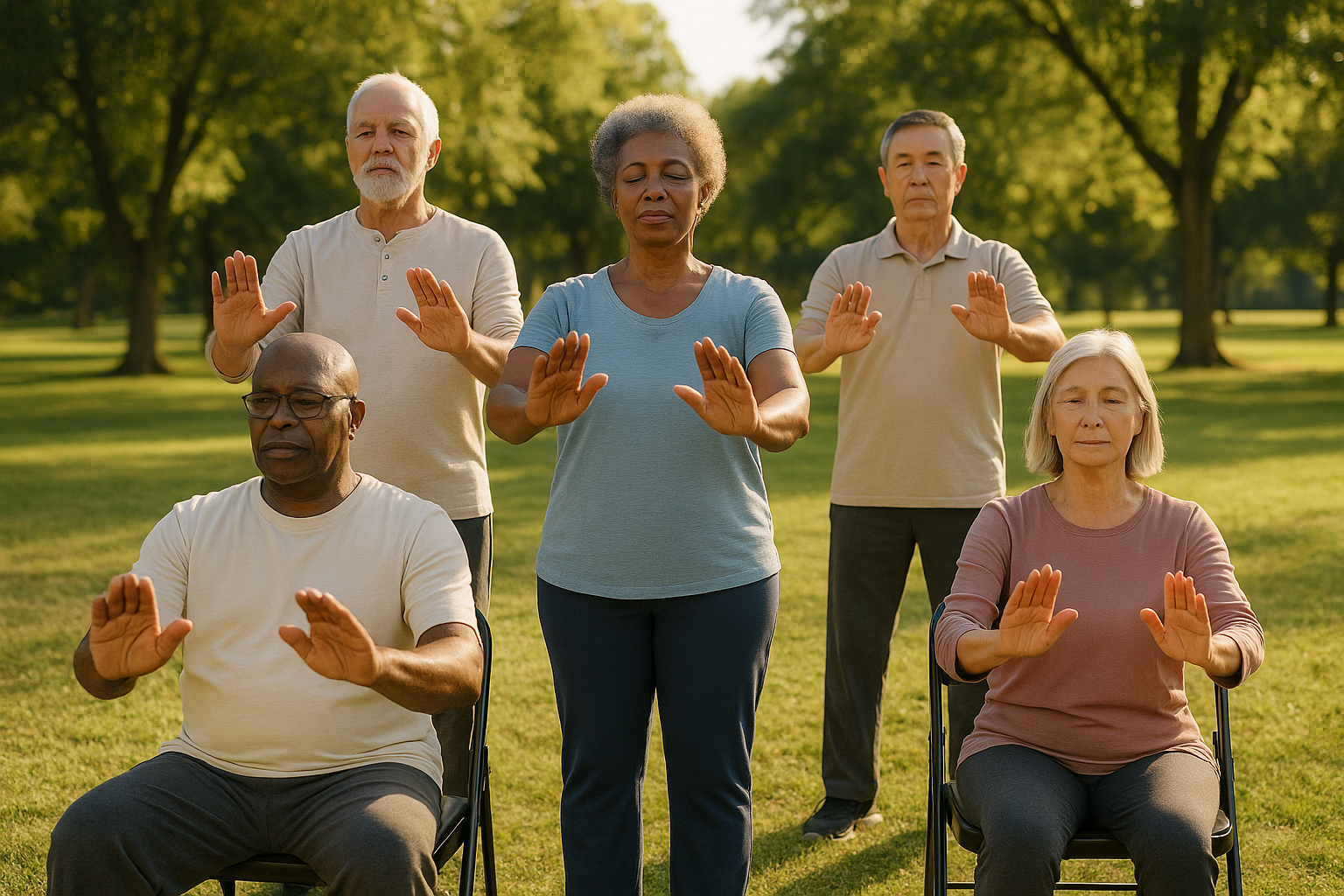 Older adults doing tai chi in a park, some using chairs for arthritis and balance support