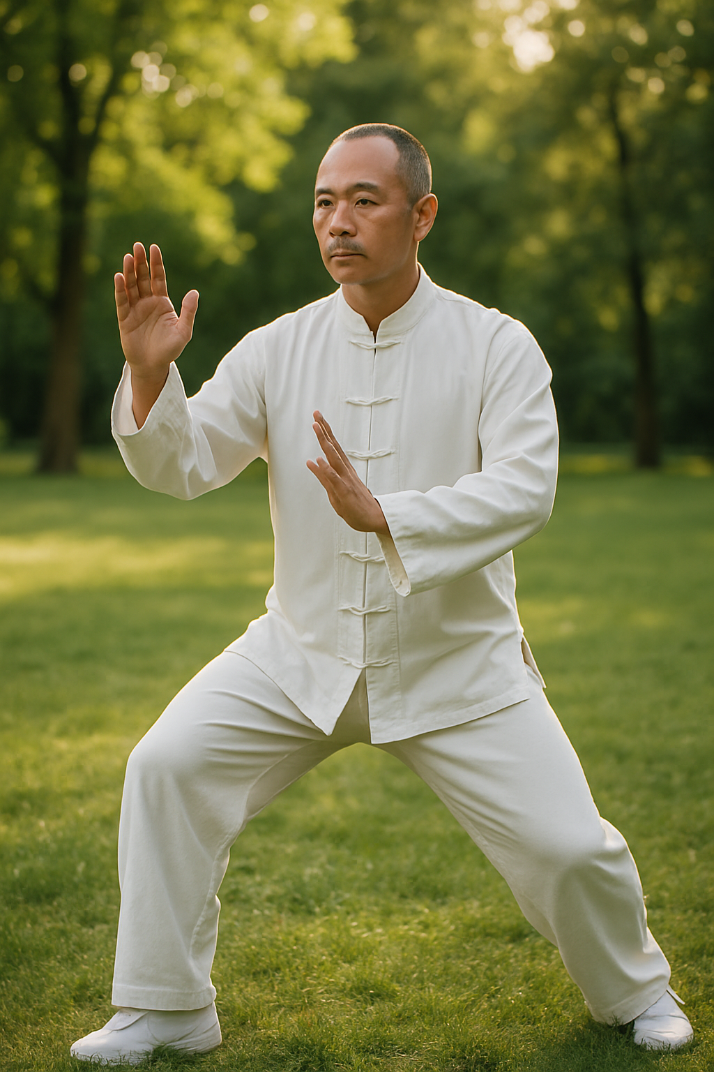 Hands and feet demonstrating tai chi movement outdoors, emphasizing gentle exercise