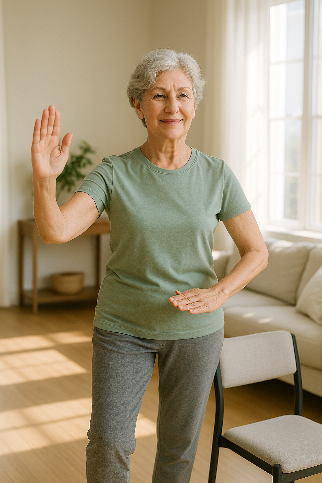 Older woman practicing indoor tai chi with chair support for arthritis and balance