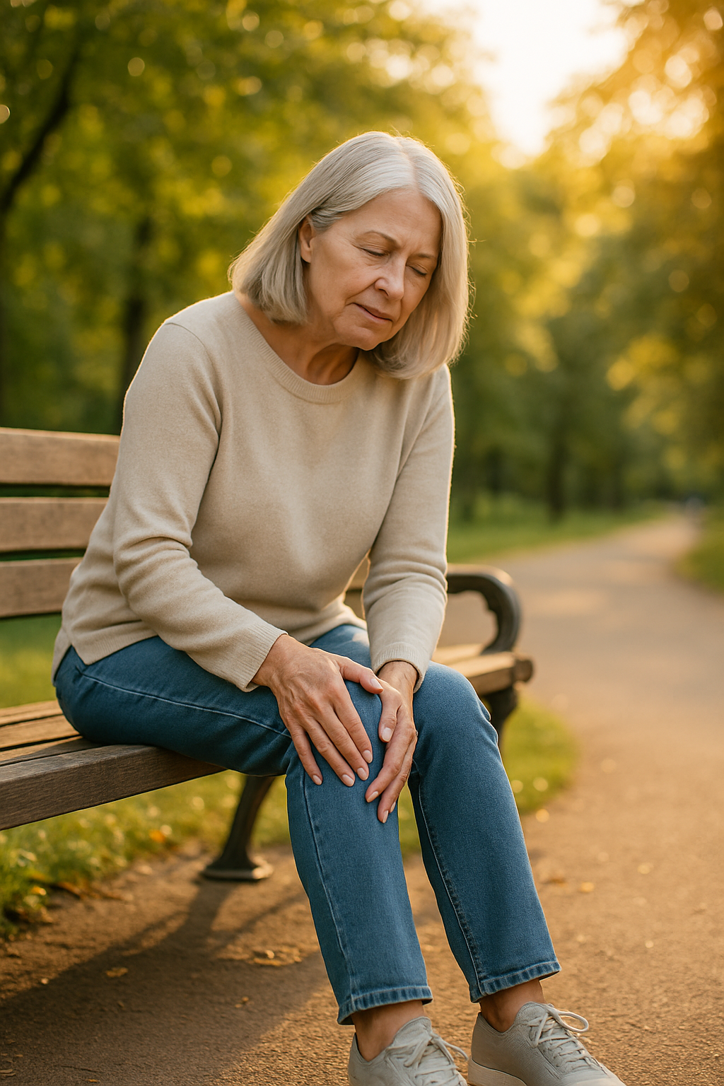 Senior woman sitting on bench rubbing her knee outdoors