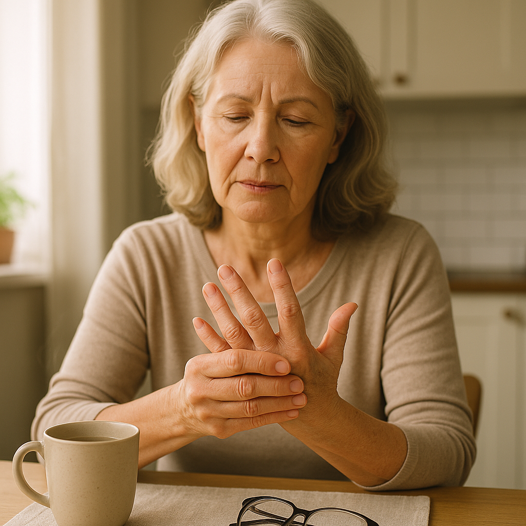 Close-up of senior woman's hands massaging swollen fingers