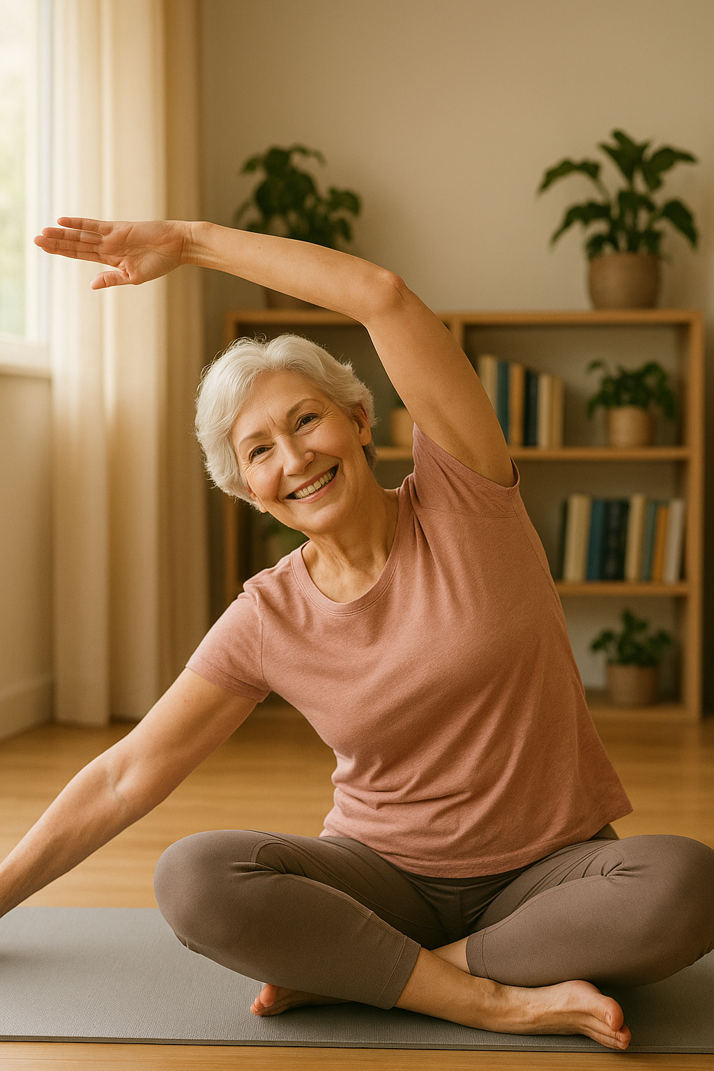 Older woman stretching on yoga mat at home with sunlight and plants