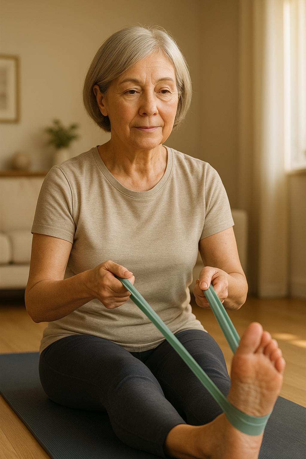 Older woman preparing for resistance band exercise for arthritic knees at home