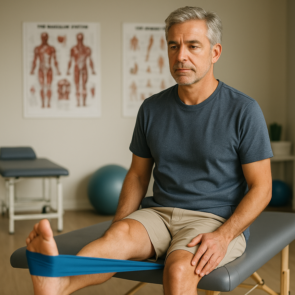 Man performing resistance band knee exercise in a physical therapy clinic