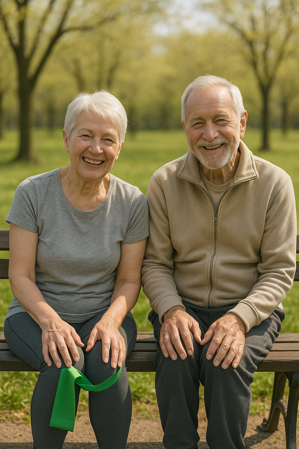 Senior couple smiling with resistance band on park bench after knee exercises