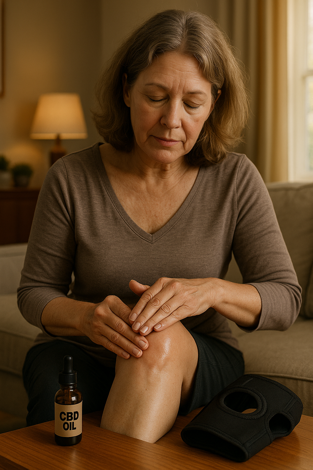 Woman applying CBD oil to knee for joint pain relief in living room