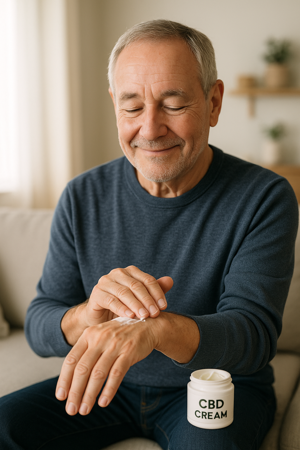 Senior man using CBD cream on wrist for arthritis pain relief at home