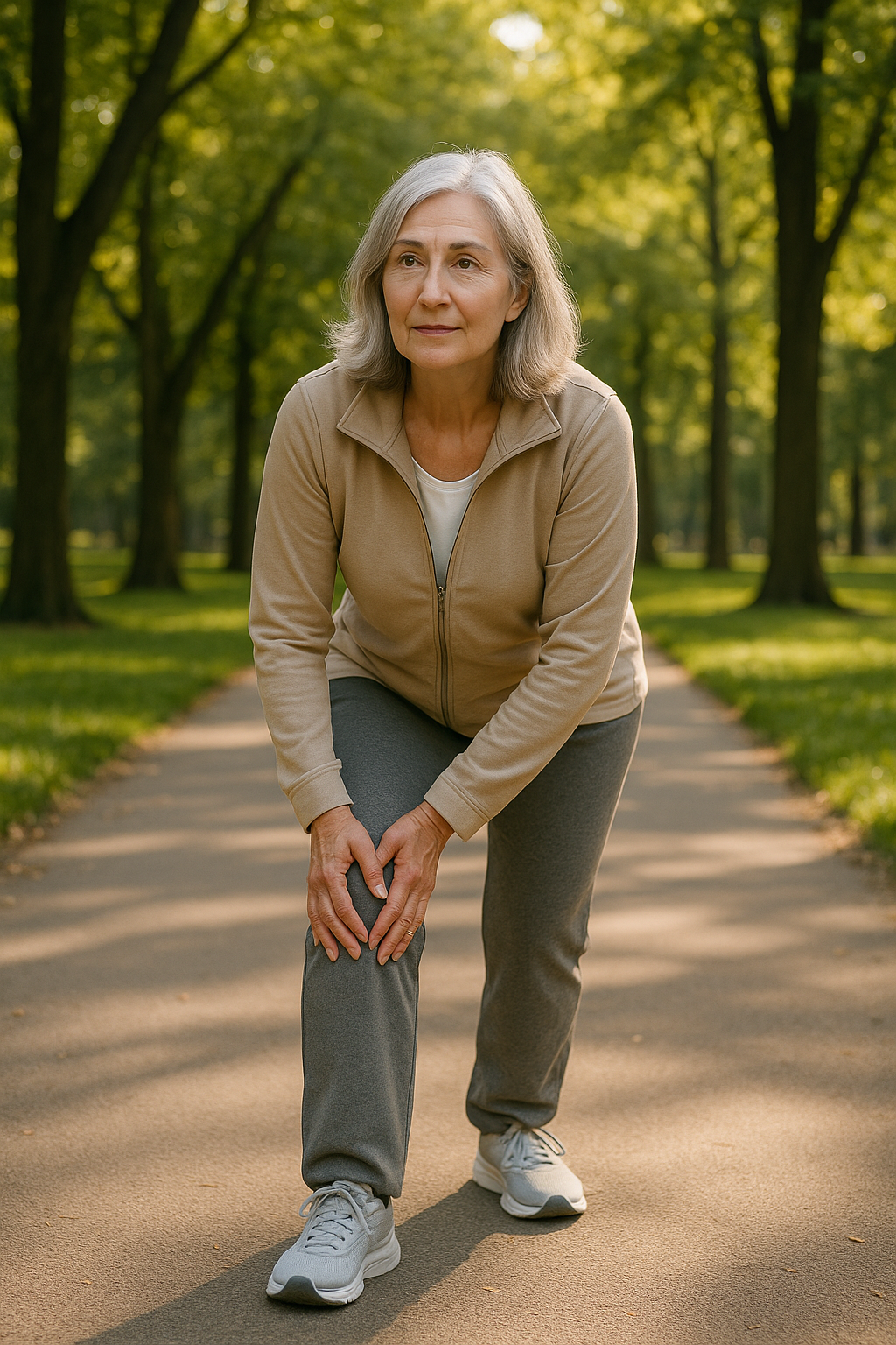 Older woman massaging knee while walking in park, showing resilience with sunlight