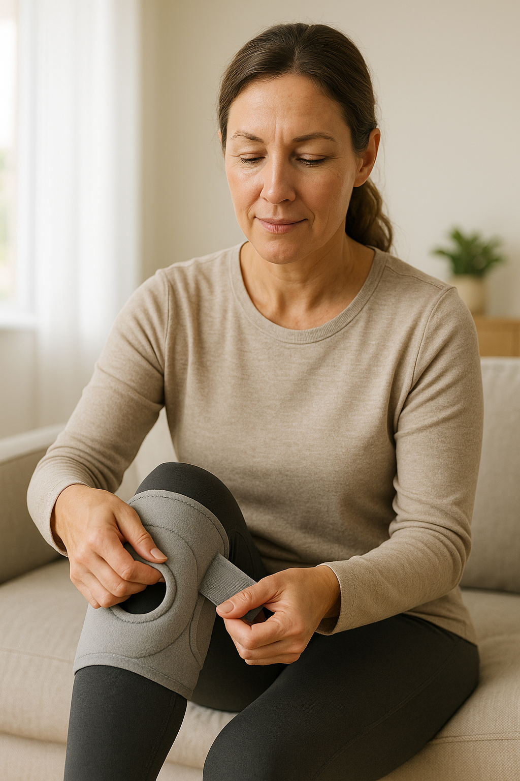 Hands securing comfortable knee brace at home for joint support