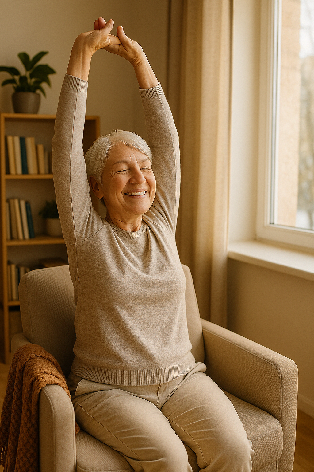 Older adult stretching arms while seated in sunny living room, smiling