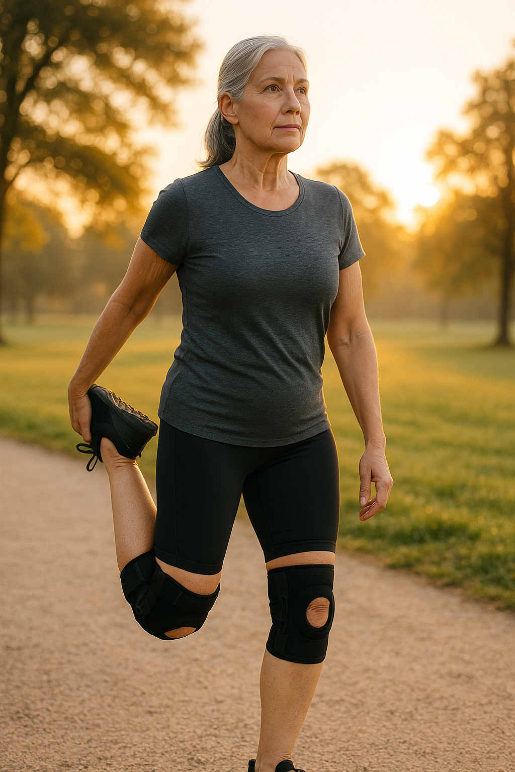 Older woman stretching at sunrise in park, wearing knee braces